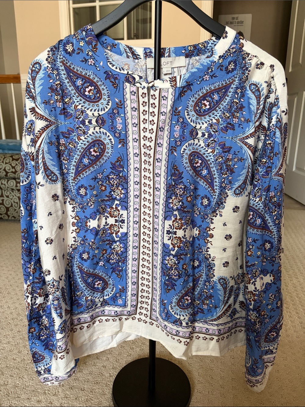 LOFT Blue and White Paisley Button-Front Tunic Top